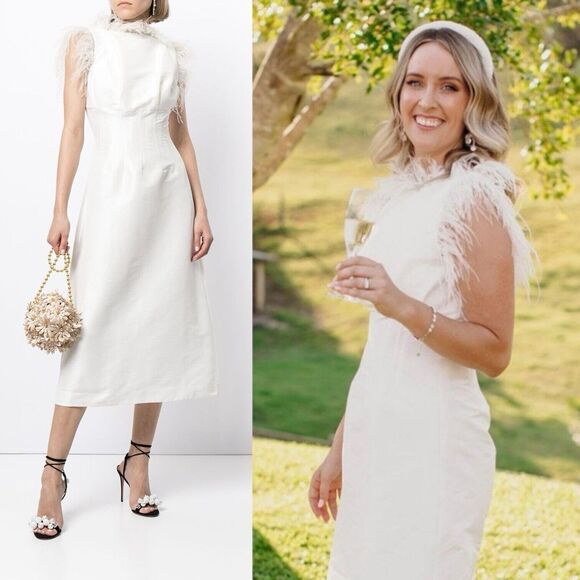 NWT Rachel Gilbert Solomon Ostrich Feather Trim Ivory Midi Dress Size 8 - Picture 1 of 10